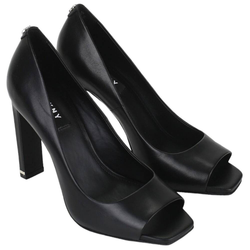 Dkny Black Leather Claudia Silver‎ Trim Peeptoe Heels Size 9.5